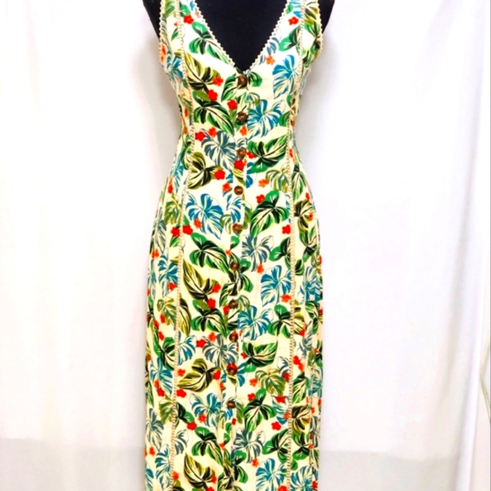 Lost + Wander Cream Tropical Print Midi Dress with Green & Blue Leaves